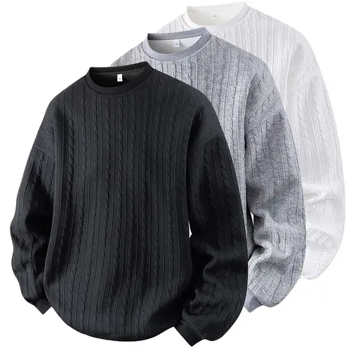 Men's Jacquard Cable Knit Round Neck Sweatshirt - Menswear Knitwear Longsleeves Tops Clothing, High-Quality Solid Color Casual Loose Comfortable Base Shirt, Plus Size for Home & Everyday Use