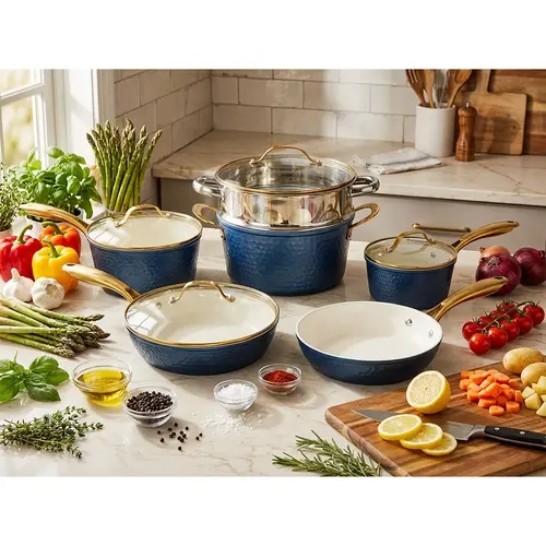 10-Piece Hammered Ceramic Cookware Set with Ultra-Nonstick Coating, Stay-Cool Handles, Dishwasher Safe, Oven Safe