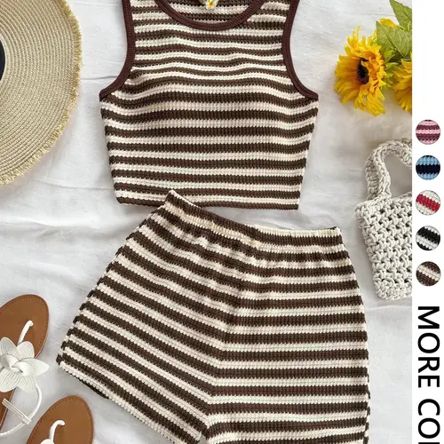 Women's Casual Knitted Striped Backless Short Sleeve Top with Elastic Waist Shorts, Perfect for Vacation Wear, Matching 2 Piece Casual Chic Set, Clothes, Summer Outfit Set