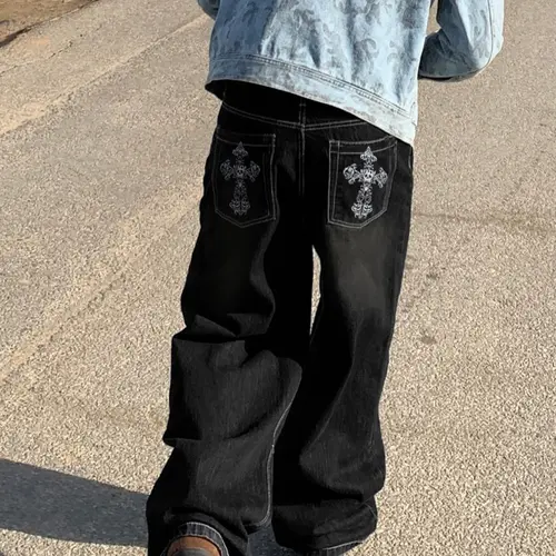 Men's Y2K Casual Loose Denim Jeans, Skull Embroidery Pocket Design, Street Style, Heavy Metal Fashion, Comfortable Daily Wear, Hip Hop Rock Jeans, High Street Streetwear, Street Casual Fit