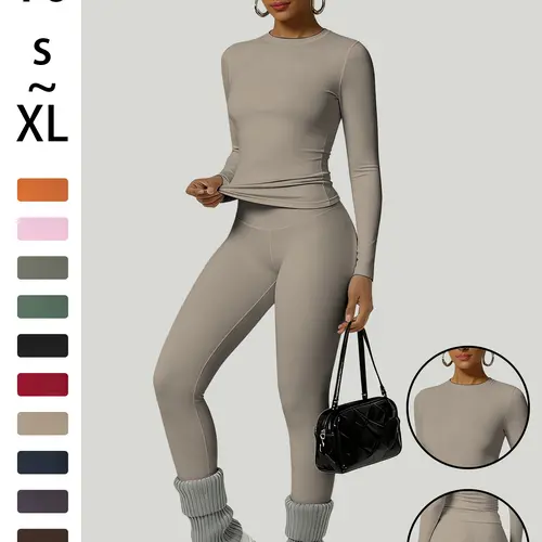 Women's Simple Solid Color Sportswear Set, Comfortable T-Shirt & Slimming High-Waisted Pants, Ideal for Yoga & Daily Wear, Stretchy Sports Outfit