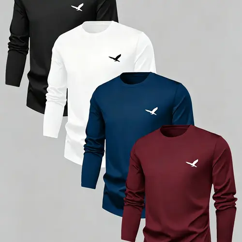 Men's Long Sleeve Round Neck Crewneck T-Shirt Set, Soft Knit Winter Warm Base Layer, Eagle Logo Print, Breathable Layered Tee, Casual & Formal Wear, Thermal Top, Thermal Menswear