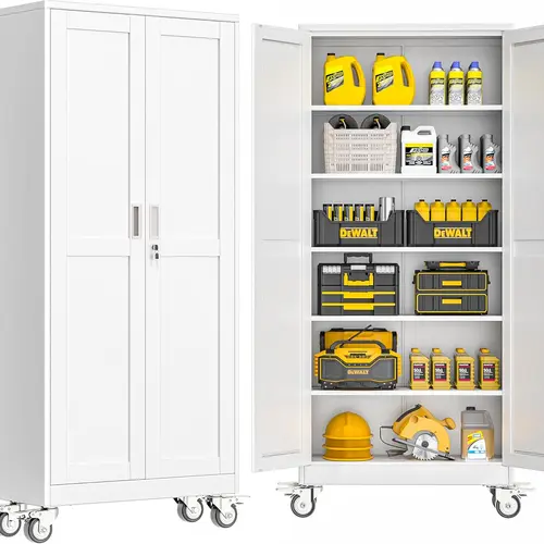 GEITIN 75"H Sturdy Metal Garage Rolling Cabinet - Steel Storage Cabinet with 2 Doors, Wheels, 5 Adjustable Shelves, Solid Reliable Metal Frame, Moves from Garage to Home Storage for Office, School