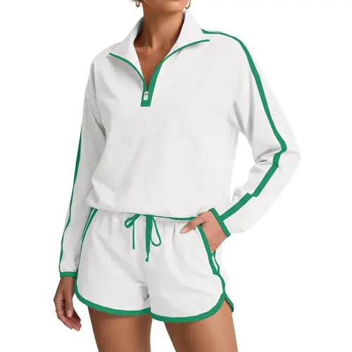 Fisoew Women's 2-Piece Activewear Clothing Set - Half Zip V-Neck Long Sleeve Pullover Top & Shorts, Lightweight Breathable Fitness Sportswear for Summer Casual Tennis, Sun-Protective Athletic Outfits, Lightweight Athletic Outfits