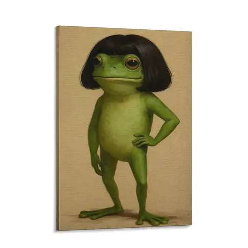 Artistic Whimsical Frog Portrait Canvas Poster, Abstract Minimalist Green Funny Animal Wall Art, 24x36 Print, Bob Haircut Design, Kids Playroom Decoration, Quirky Opossum Humor Artwork, Frog Lover Unique Gift,sohochic