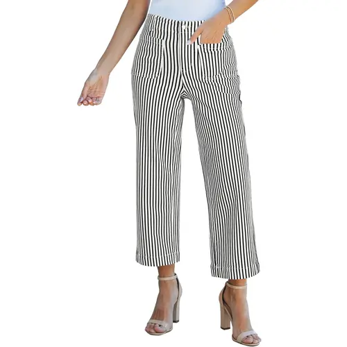 luvamia Striped Jeans for Women Trendy High Waisted Cropped Wide Leg Pants Stretchy Denim Patch Pocket Pinstripe Pants