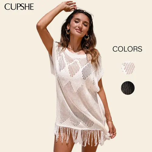 CUPSHE Snowy Bay Women's Synthetics Knit Bikini Cover Up, Round Neckline, Short Sleeves, Fringe Hem Mini Dress for Summer Beach, Modern Resort Wear, #summerfinds, #Soho Chic