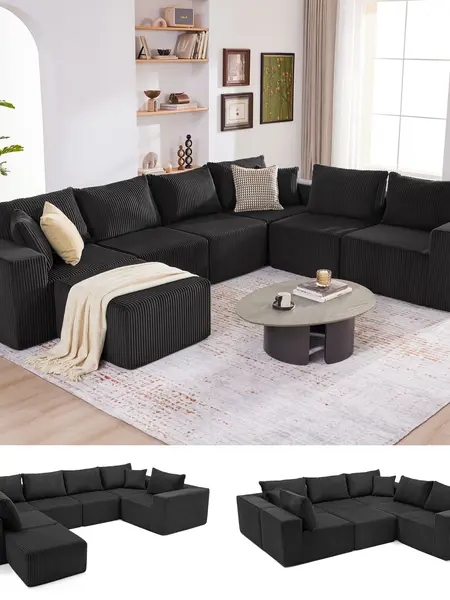【4 packages】135.4" Cloud Couch Sectional, Sectional Sleeper Sofa with Deep Seat, Plush Corduroy U Shaped Boneless Couch, Convertible Modular Couches for Living Room, 7Seat