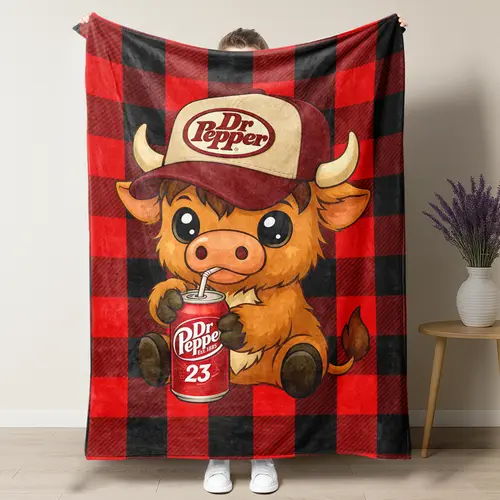 Highland Cow in Hat Cute Pattern Dr Pepper Flannel Throw Blanket - Red and Black Checkerboard Pattern Blanket, 1 Count Soft Lightweight Warming Bedding, Machine Washable for Easy Upkeep