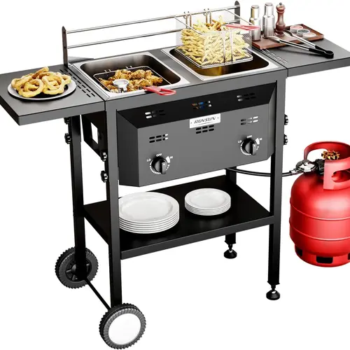 ROVSUN Outdoor Deep Fryer with Dual 8QT Stainless Steel Tank & Basket, Portable Propane Gas Fryer with Rolling Cart, Storage Shelves, Lids & Thermometer for Outdoor Backyard Cooking Frying