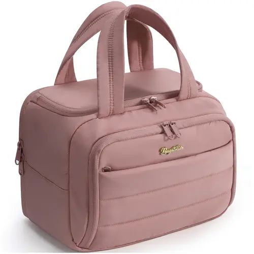 Bagstellar Wide-open Travel Bag, Lightweight Puffy Toiletry Bag for Women, Quilted Makeup Bag Organizer Water-resistant Cosmetic Bag with Handle for Toiletries, Essentials, Accessories