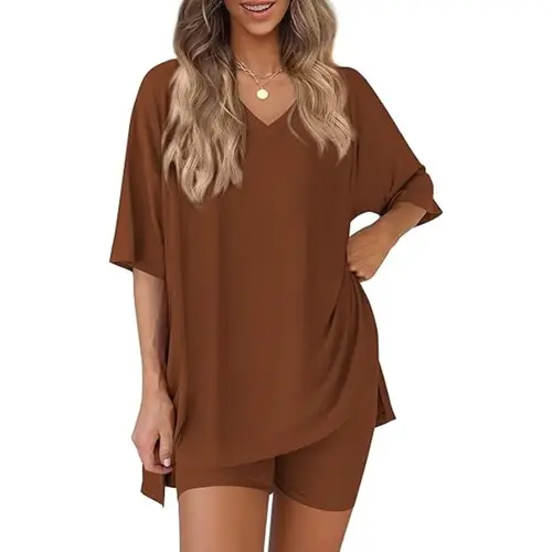 PrettyGarden V Neck 2 Piece Sets for Women Summer Lounge Short Set Spring Matching Biker Shorts Oversized Shirt Clothing#Summervibes#SwimWeek#DealsForYouDays