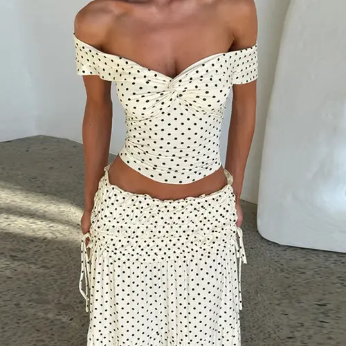 Women Summer Short Sleeve Tops High Waisted Long Skirt Polka Dot Beach Vacation Two Piece Set, Casual Summer Set Co Ord Set Womenswear Clothes