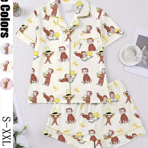 Women's Monkey Banana Print Sleepwear Set, Loungewear, Comfortable Short Sleeve Button Shirt & Loose Elastic Shorts, Fashion Casual Home Wear, Pajama Set, Matching Pj Set, Sleepwear Pajamas Set, Lounge Pjs Set
