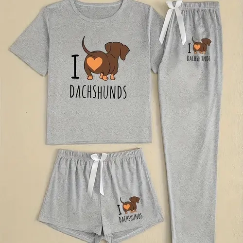 Women's Cartoon Sausage Dog Letter Print Pajama Set, Printed Pajama Set, Matching Pj Set, Fitted Sleepwear for All Seasons, Casual Style Three-Piece Loungewear