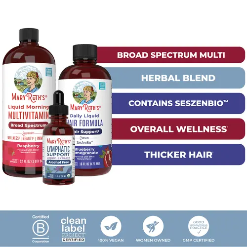 MaryRuth's Daily Hair, Lymphatic, & Morning Multivitamin Bundle - Daily Liquid Hair Formula 16 oz - Lymphatic Support Herbal Blend - Liquid Morning Multivitamin 32 oz