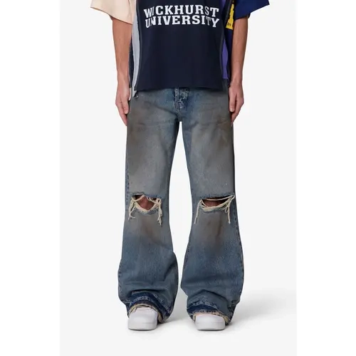 mnml Distressed Kick Flare Denim - Washed Blue