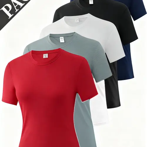 Women's Plus Size Basic T-Shirts 5-Pack - Loose-Fit Short-Sleeve Solid Quick Dry Breathable Moisture-Wicking Sports Tops, Tshirt for Casual Sportswear Base Layer, Back to School Haul Women's Clothes