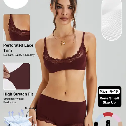Women's Versatile Minimalist Lace Trim Spaghetti Thin Strap Bra & Low Rise Panties Co-ord, Solid Color Slightly Sheer Lingerie & Underwear Set, Seamless Sweat-Wicking Stretch Daily Outfits #TikTokMadeMeBuyIt #MatchingSet #Bralette