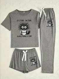 Women's Cartoon Coffee Cat Print Sleepwear, Loungewear Set, Fitted Casual Pajamas for All Seasons, Comfortable Three-Piece Nightwear, Pyjamas, Pjs, Womenswear, Home Sleepwear