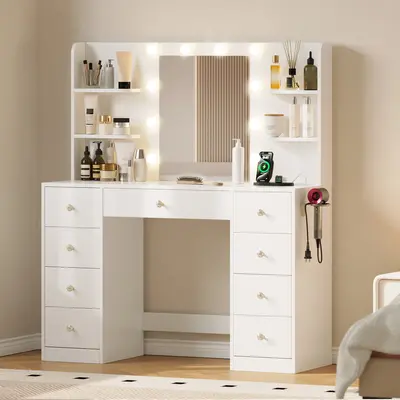 [FallPick] Vanity Desk with Mirror Lights 9 Drawers 6 Storage Shelves Dressing Table Power Outlet 3 Color Modes 10 LED Bulbs for Girls Bedroom,Gift for Daughter, Wife & Mom – Girls Bedroom Essential