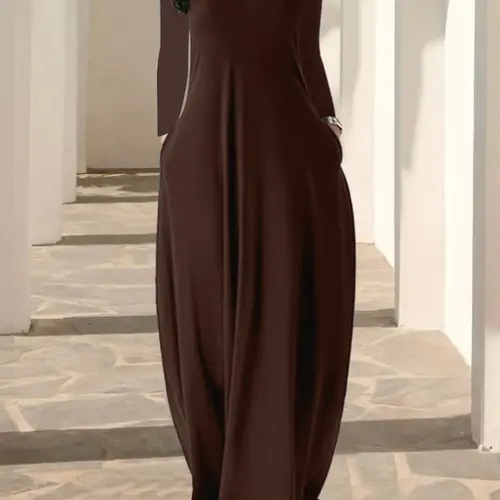 Women's Long Nightgown, Coffee Leopard Print Round Neck Long Sleeve Pocket Sleepwear, Soft Comfortable Everyday Basic Lady Casual Loungewear for All-Season, Nightwear Loungewear, Womenswear