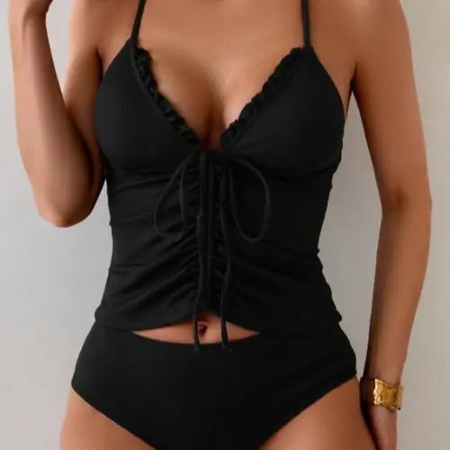Women's Solid Color Ruched Deep V Neck Sleeveless Drawstring Waist Tankini Swimsuit Set, Summer Tankinis Set, Perfect for Travel, Vacation, Summer Beachwear
