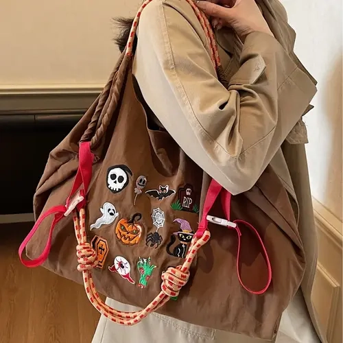 Japanese Large-Capacity Cloth Bag, Commuter Casual Crossbody Shoulder Bag, Halloween Embroidery Simple Lightweight Underarm Tote Bag with Open Design, Suitable for Commuting, Shopping, Leisure Travel