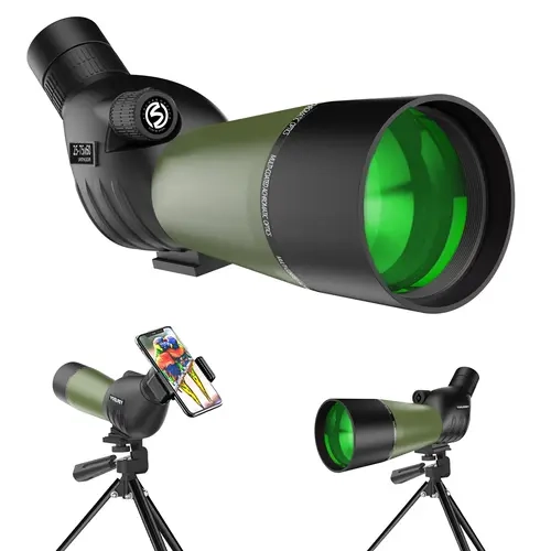 Angled Spotting Scope 25-75x60mm Outdoor Gear, Fully Multi-Coated BAK4 Crisp Detail Prism, Nitrogen-Filled Waterproof Durable Framework, Rubber Armor, Universal Tripod Mount, Phone Adapter, Carrying Bag & Cleaning Cloth for Target Shooting, Bird Watching,