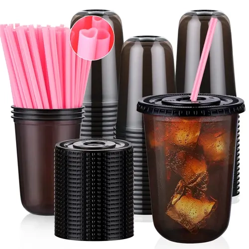 100 Sets BPA-Free Black Transparent PET Plastic Disposable Cute Cups with Lids & 400ml Heart-Narrow Straws, Leak-Proof Lightweight U-Shaped Drinkware for Birthday, Wedding, Party Use (Narrow Straw Fits Commutes), Parties, 100 Sets For Crowds,sohochic