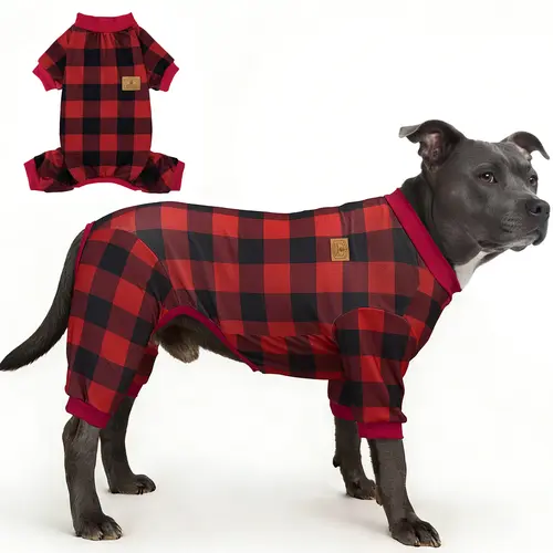 XPUDAC Red Holiday Plaid Dralon Dog Jumpsuit Shirt - Soft Breathable All-Season 1-Piece Pet Clothing with Pull-On Ease, Universal Fit for Thanksgiving Holiday Plaid Fun & Cozy Sleep, Pet Lovers' Pick,sohochic