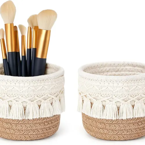 Rustic Boho Macrame Look Cotton Caddy Organizer - 1 Single Piece Multifunctional Home Organization Basket, Space-Saving Storage for Beauty Products, Makeup Brushes (Home Supply Clutter Control)