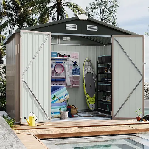 Aoxun 10x8/10x12 Storage Shed with Basic Outdoor Steel Garden Utility Cabinet - Metal Frame Base, Lockable Door, Moisture & Rust Prevention, No Floor Included - Ideal for Garden, Patio Storage Organization
