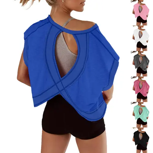 Woodberry Women's Fashion Apparel, Oversized Open Back Short Sleeve Shirt in Stretch Polyester for Casual Yoga,back to school,back to school shopping, Workout,sohochic