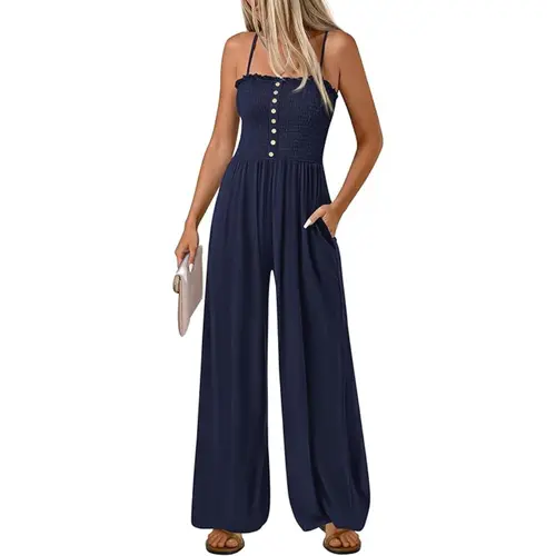PrettyGarden Jumpsuits for Women Summer Sleeveless Smocked Button Wide Leg Rompers Spring Travel One Piece Outfits