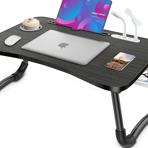 Folding Laptop Table - Portable Home Workstation with 4 USB Ports, Storage Drawer, Cup Holder, Laptop Stand for Couch, Bed Use