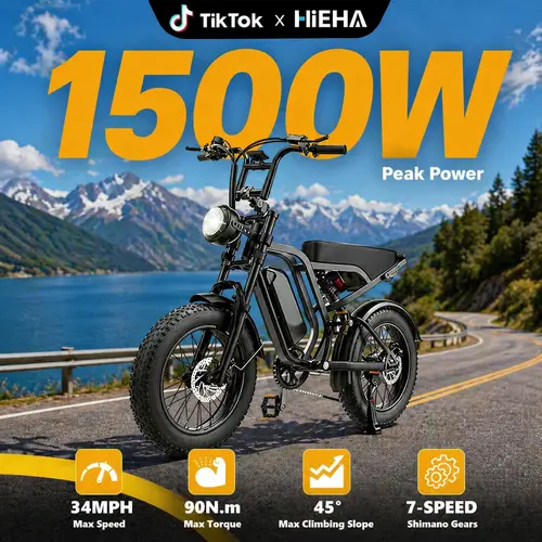 【Hieha】All-Terrain 1500W Electric Bike lFullSuspensionTop Speed 34MPHRange 40+ Miles | 48V 15AhRemovableBatterylLED Headlights 20-InchAll-Terrain Fat Tires lUL2849Certified ebike｜Original factory