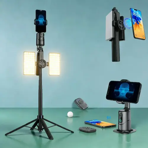 360° Auto Face Tracking Tripod Kit with Light, Magnetic Selfie Stick Stand with Desktop Gimbal, Wireless Remote Control and Gesture Control, Suitable for Video Recording&TikTok Live Streaming&Content Creator