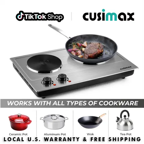 CUSIMAX 2-Burner,Corded Portable Hot Plate,1800W Stainless Steel Electric Cooktop, Dual Cast Iron Heating Plates, Auto Shutoff, Easy-to-Clean Silver Upgraded Version, Thermostatic Control,Kitchen Use,home essentials,sohochic