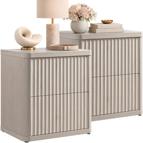 【SohoChic】SICOTAS Set of 2 Wood Nightstands - 22.75" Wide Contemporary Bedroom Furniture End Tables, Wave Panel Fluted Modern Curve Bedside Cabinets with 2 Large Glide Handleless Drawers, Curved Edges, Scratch-Resist Top for Small Spaces