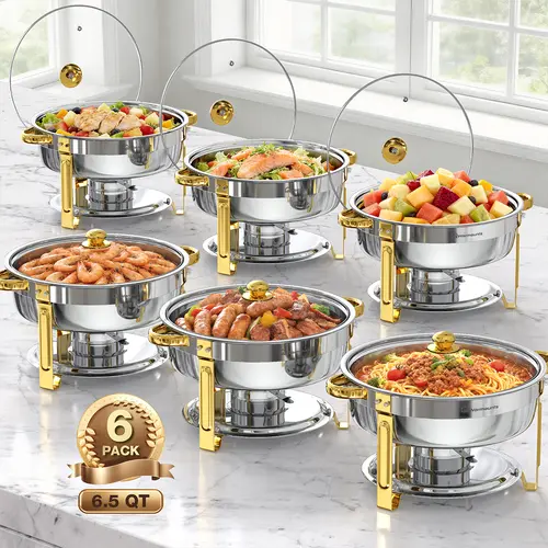 [sohochic] WARMOUNTS 6.5QT Gold Round Chafing Dishes - Kitchen Supplies, Mirror-Polish Stainless Steel Buffet Warmers with Glass Lid, Rolled Rim, Stackable Storage, Lid Holder, Dishwasher Safe (2/4/6 Multiple Packs) for Family Gatherings, Easter Br