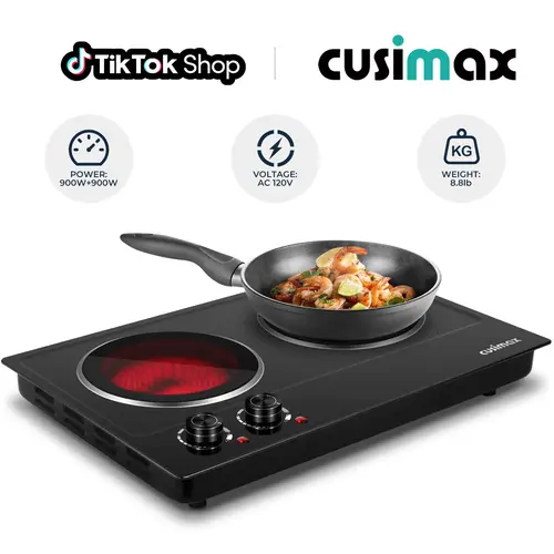 CUSIMAX Dual Control Ceramic Electric Hot Plate - Double Burner Infrared Stovetop, Safety Shut-Off, US Plug, Energy-Efficient Multi-Burner Wireless Induction Hob, Household Kitchen Appliance, Induction Stovetop,home essentials,sohochic