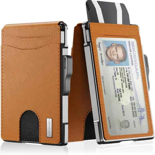 Umoven Men's Slim Leather Wallet with RFID Blocking, Bifold Design, Metal Pop-Up Card Holder, Money Clip, Credit Card Slots - Brown Rfid Protected Wallet Pu Leather Wallet