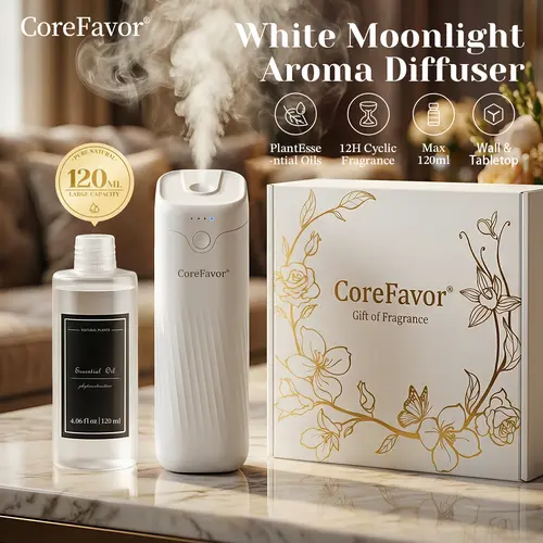 CoreFavor Waterless Essential Oil Diffuser - 120ml Aroma Oil Included, Wall-Mountable, USB Rechargeable, 4 Adjustable Scent Intensities, Low-Noise Calm Operation, Boujee Home Accessories, Ideal Gift for Bedrooms, Offices,sohochic