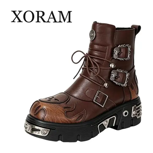 XORAM Men's Edgy Skull Platform Biker Punk Boots - EVA Chunky Sole, PU Leather, No Excess Bulk, Trendy High-Top Streetwear Footwear 561220-J, Chunky Heel, Platform Heel, Synthetic Leather, Chunky Sole Design