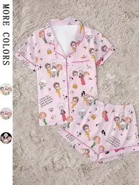 Classic Golden Girls Theme Print Lapel Short Sleeve Shirt & Shorts Fitted Collared Set, Casual Pajamas Set, Polyester Loungewear Set, Casual Chic Style Comfortable Lightweight Loungewear Nightwear for All Seasons, Ideal Party Gift Pjs, Pajama Sets