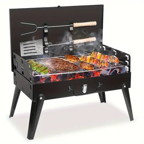 Portable Durable Charcoal Grill Equipment - 6-Piece Heat-Resistant Folding Set with Spit Roast, Fork, Shovel, Easy Assembly, Dust-Proof Folding Collapsing Barbecues for 3-4 People, Campfire/BBQ Party, Outdoor Gear