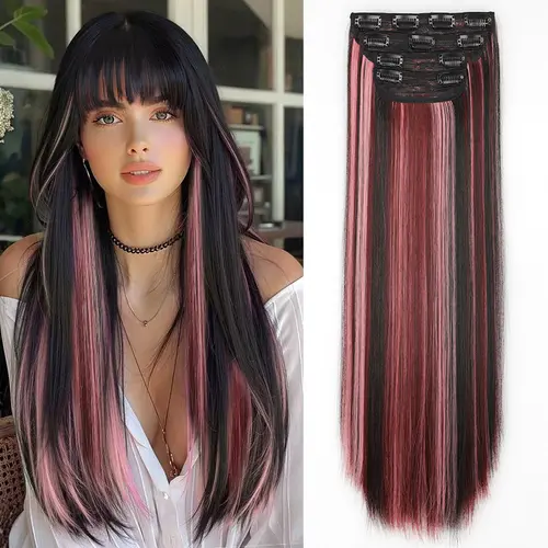 Women's 20-Inch Straight 4-Piece Layered Clip-In Hair Extensions, Blond Brown Mix Wine Red, Tangle-Resistant, Casual, Long, Simple Care & Maintenance, Straight Synthetic Hairpieces, Clip-In Hair Synthetic Extensions & Pieces,sohochic