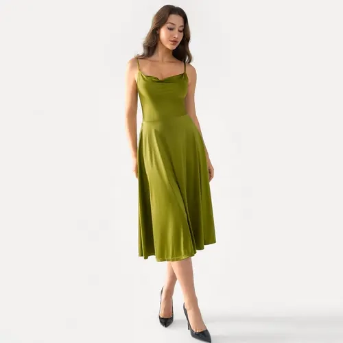 Popilush Cowl Neck Spaghetti Strap Midi Dress  Elegant Swing Style-Creator Live