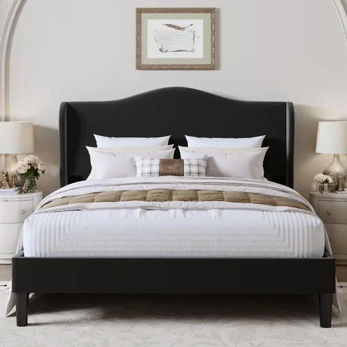 SHA CERLIN Modern Minimalist Velvet Upholstered Platform Bedframe, Curved Wingback Headboard, Heavy-Duty Wood Slat Construction, Full/Queen/King Sizes, Box-Free Setup, Black Velvet Fabric, Elegant Clean Aesthetic Bedroom Furniture, Bed Frame For Queen, so